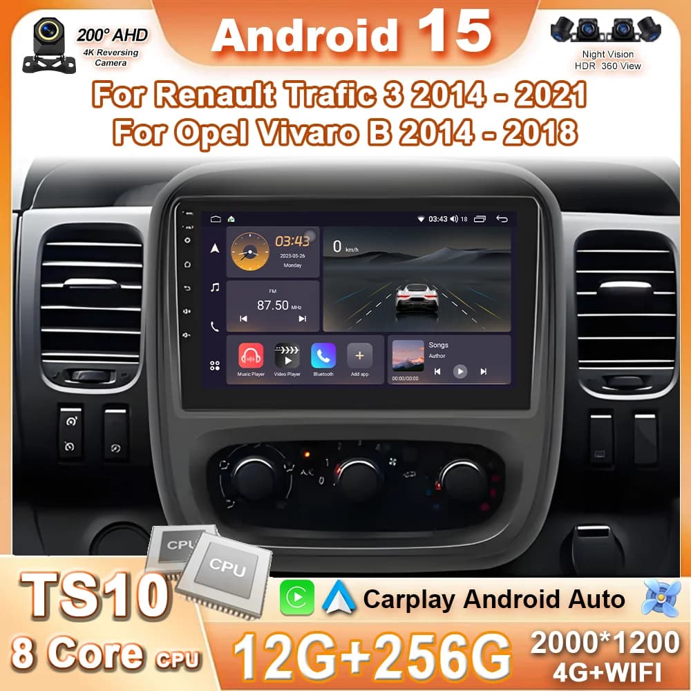 9" Android 15 Carplay Car Stereo Radio For Renault Trafic 3 2014 -2021 For Opel Vivaro B 2014-2018 Multimedia Player Navigation