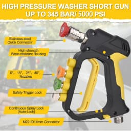 High Pressure Washer Short Spray Gun Max 5000 PSI with Inlet M22-ID14mm & Outlet 1/4” Quick Connector & Nozzle Tips Holder
