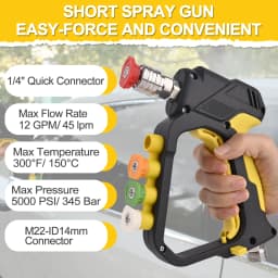 High Pressure Washer Short Spray Gun Max 5000 PSI with Inlet M22-ID14mm & Outlet 1/4” Quick Connector & Nozzle Tips Holder