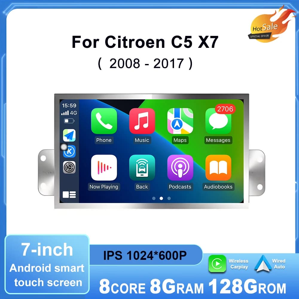 Wireless CarPlay 7 Inch Android OS Car Radio for Citroen C5 X7 2008-2017 Intelligent Multimedia Touch Display DSP Navigation GPS