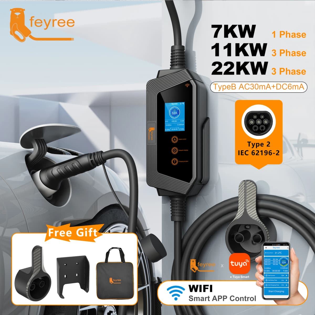 Feyree Portable EV Charger Type2 22KW 11KW 3P Fast Charging 32A 7KW 1P Smart APP Wi-Fi Control for Electric Vehicle Car Charger
