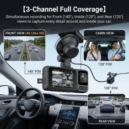 4K 2160P Dash Cam 3 Lens WiFi Car DVR Front Inside Rear Triple Camera 720P Video Recorder Allwinner G-sensor 24H Parking Monitor