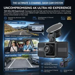 4K 2160P Dash Cam 3 Lens WiFi Car DVR Front Inside Rear Triple Camera 720P Video Recorder Allwinner G-sensor 24H Parking Monitor