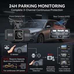 4K 2160P Dash Cam 3 Lens WiFi Car DVR Front Inside Rear Triple Camera 720P Video Recorder Allwinner G-sensor 24H Parking Monitor