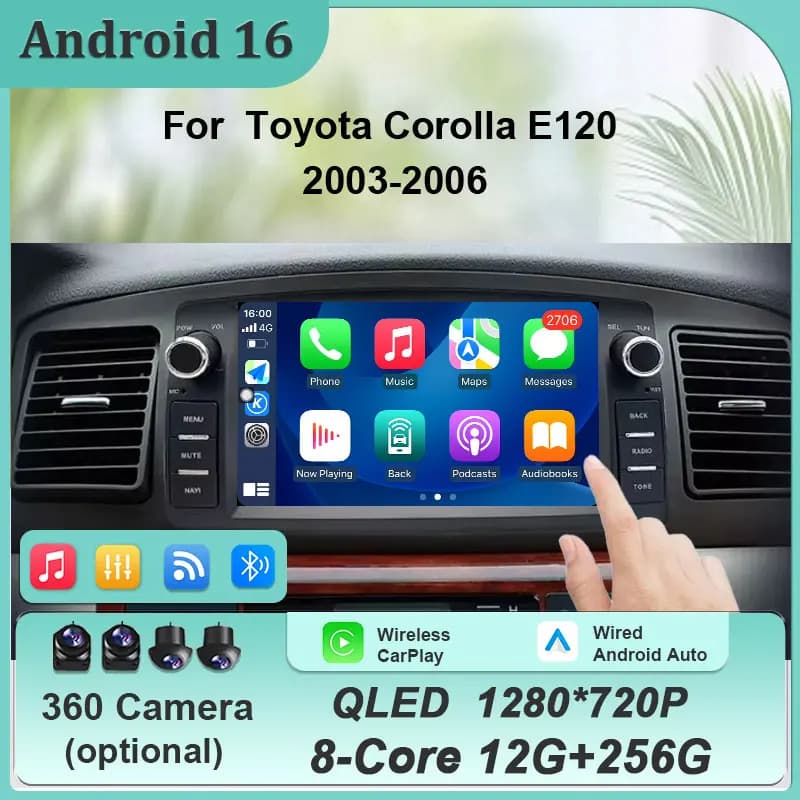 7"Android Car Radio for Toyota Corolla E120 2003-2006 Wireless CarPlay Android Auto GPS WiFi BT FM HD Touch Screen Stereo Player