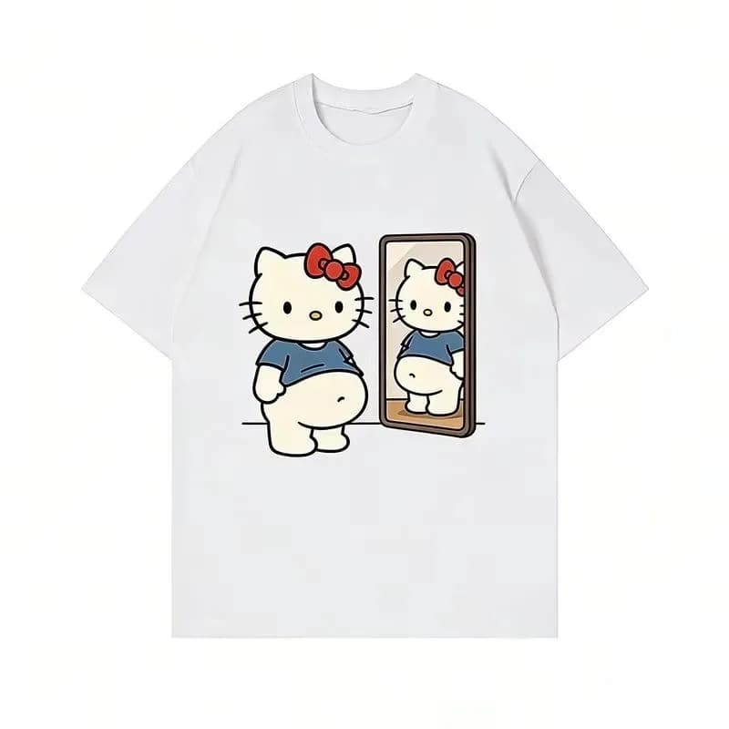 2026 New Kawaii Mirror Print Oversized T-shirt Women Y2K Streetwear Harajuku Casual Short Sleeve Daily Casual Tee