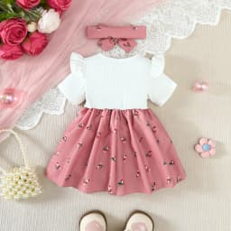2Pcs/Set Baby Girl Dress Small Floral Large Bow Summer, Dress+Headband Set Suitable for 0-24 Months Baby Girls Fashionable Dress
