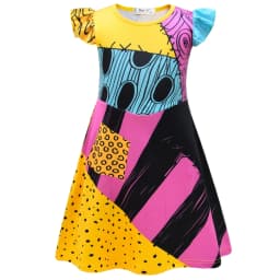 2026 Halloween Christmas Eve Kids Cosplay Scary Ghost Bride Sally Short Sleeves Dress Striped Character Dress Up Costume Suit