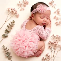 Ylsteed 2 Pieces Set Dusty Pink Newborn Lace Romper for Photo Shooting Fluffy Mesh Lace Photography Outfits with Headband