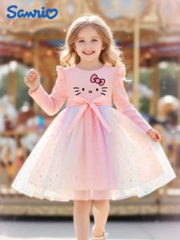 Sanrio Hello Kitty Girls Princess Dress, Autumn Pink Gradient Tulle Tutu Skirt, Kids Long-Sleeve Star Formal Dress
