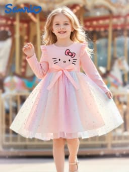 Sanrio Hello Kitty Girls Princess Dress, Autumn Pink Gradient Tulle Tutu Skirt, Kids Long-Sleeve Star Formal Dress