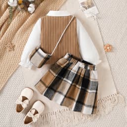 3Pcs Children Girl Set Splicing Fake Two Piece Top+Checkered Skirt+Mini Bag Set Suitable Girls 4-7 Year Autumn College Style Set