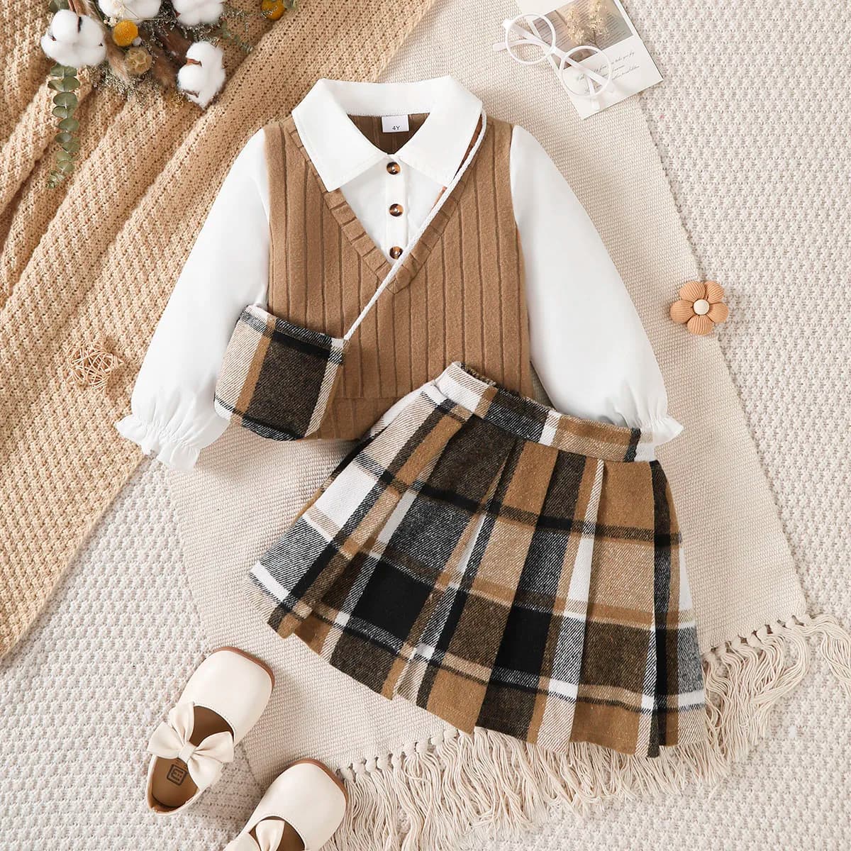 3Pcs Children Girl Set Splicing Fake Two Piece Top+Checkered Skirt+Mini Bag Set Suitable Girls 4-7 Year Autumn College Style Set