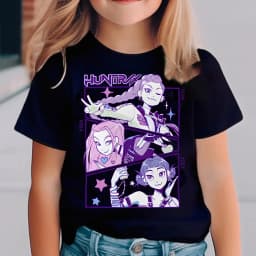 Kids Cartoon Character Print T Shirt Girls HUNTRX Star Graphic Short Sleeve Tees Children Casual Cotton Summer Daily Wear Outfit