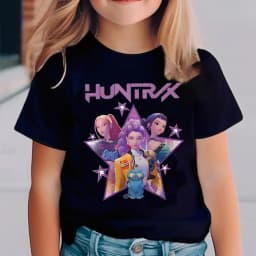 Kids Cartoon Character Print T Shirt Girls HUNTRX Star Graphic Short Sleeve Tees Children Casual Cotton Summer Daily Wear Outfit