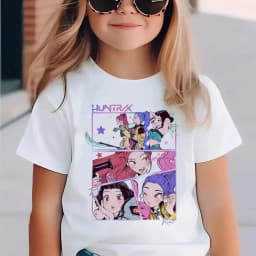 Kids Cartoon Character Print T Shirt Girls HUNTRX Star Graphic Short Sleeve Tees Children Casual Cotton Summer Daily Wear Outfit