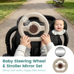 2Pcs Baby Stroller Steering Wheel and Adjustable Stroller Mirror Set, 360 Rotation Pretend Driving Toy with Horn Sound,