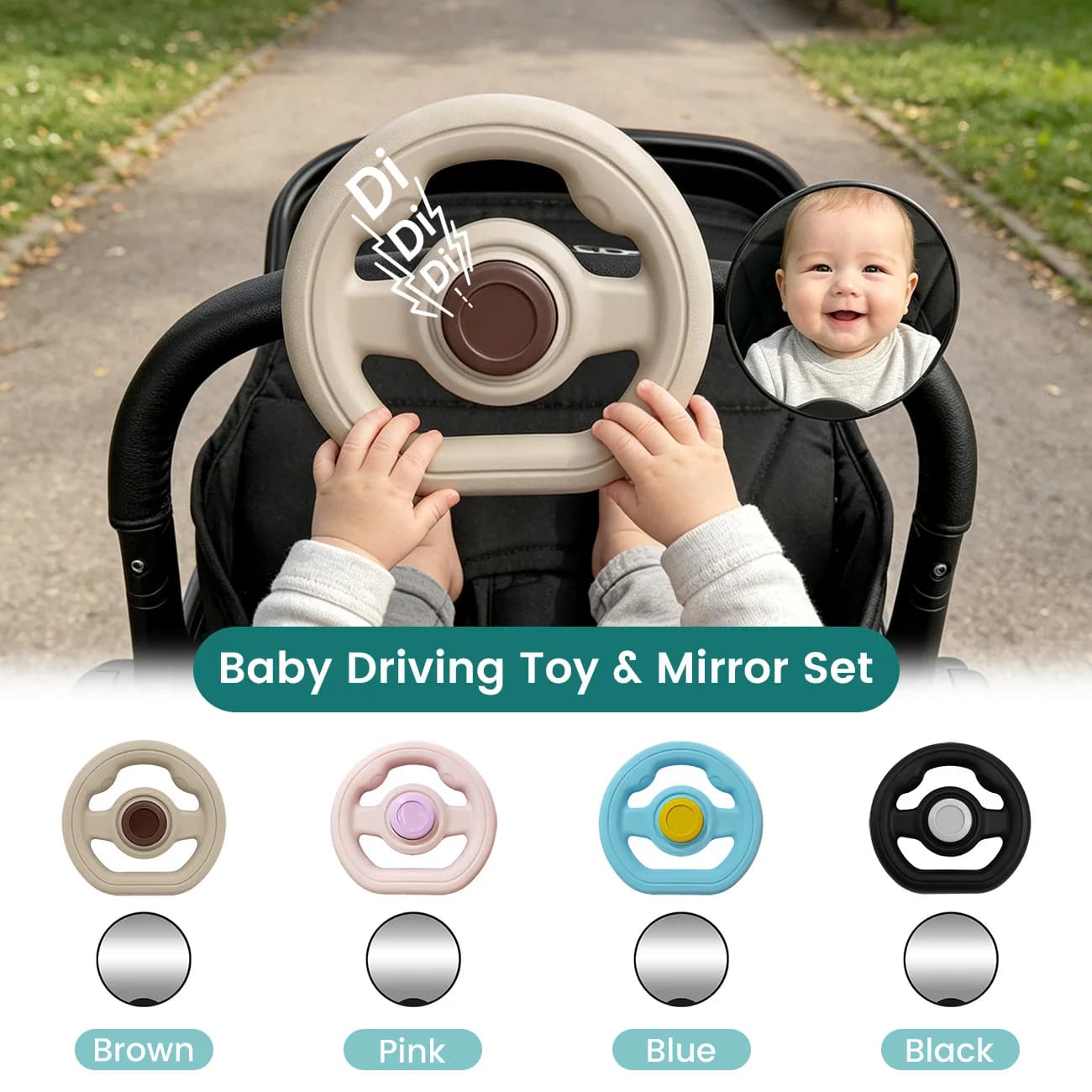 2Pcs Baby Stroller Steering Wheel and Adjustable Stroller Mirror Set, 360 Rotation Pretend Driving Toy with Horn Sound,