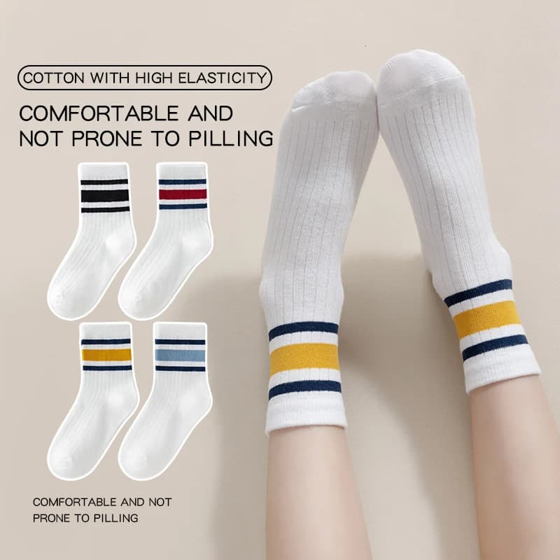 Four Pairs of Children's Socks for Spring and Autumn, Striped Versatile Style, Mid-Calf Socks with a School Style.