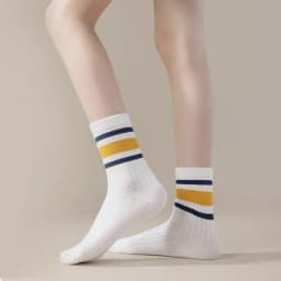 Four Pairs of Children's Socks for Spring and Autumn, Striped Versatile Style, Mid-Calf Socks with a School Style.
