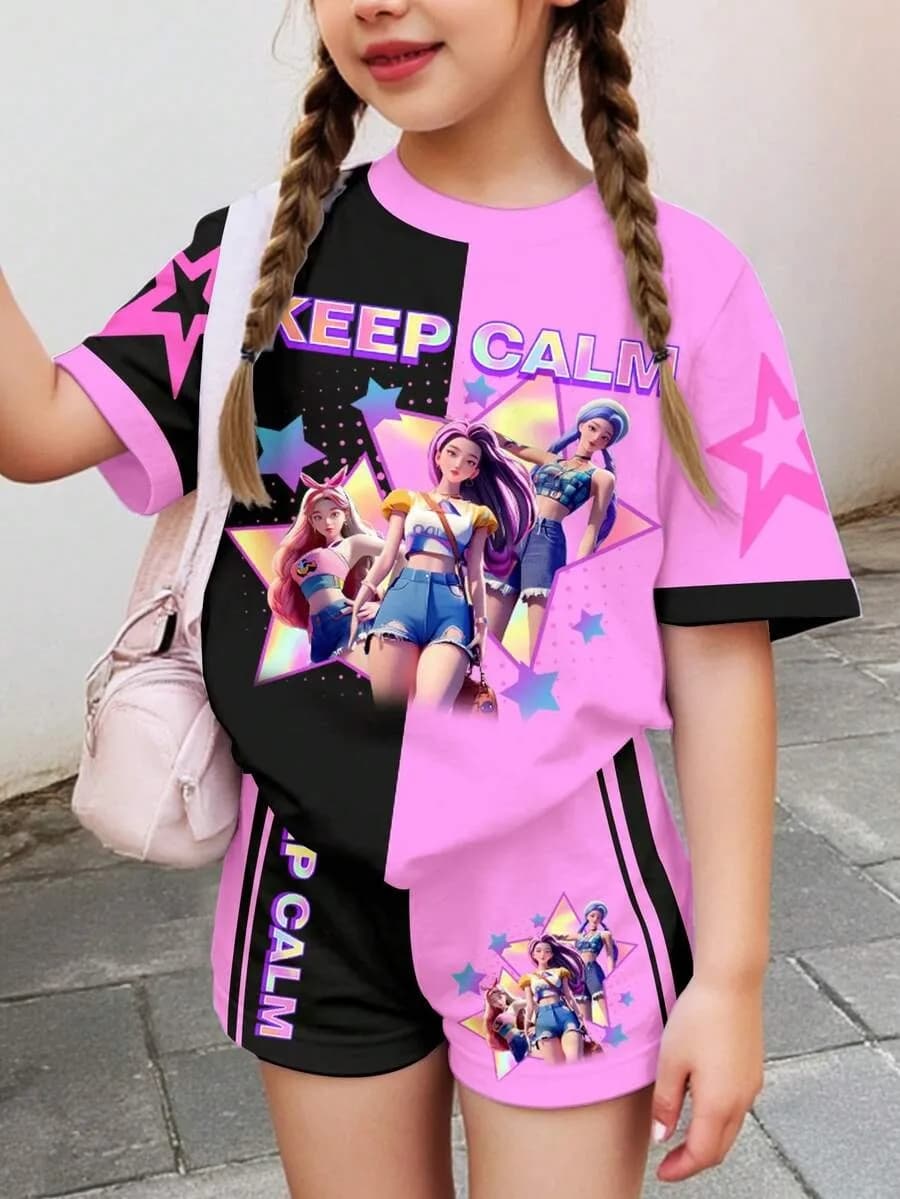 Girls' Black & Pink Color-Block K-Pop Cartoon Short-Sleeve Top & Shorts 2-Piece Set