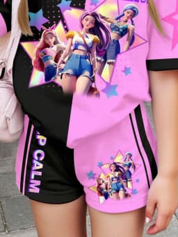 Girls' Black & Pink Color-Block K-Pop Cartoon Short-Sleeve Top & Shorts 2-Piece Set