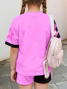 Girls' Black & Pink Color-Block K-Pop Cartoon Short-Sleeve Top & Shorts 2-Piece Set