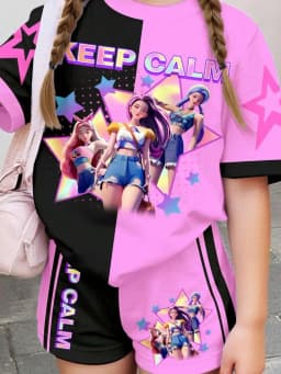 Girls' Black & Pink Color-Block K-Pop Cartoon Short-Sleeve Top & Shorts 2-Piece Set