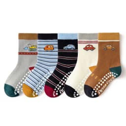 5 Pairs Children Non-Slip Socks Cute Cartoon Car Bus Excavator Stripe Pattern Comfortable Breathable Kids Baby Boys Floor Socks