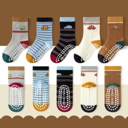 5 Pairs Children Non-Slip Socks Cute Cartoon Car Bus Excavator Stripe Pattern Comfortable Breathable Kids Baby Boys Floor Socks