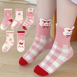 5-Pack Children's Floor Socks with Pink Bow and Bunny Pattern, Non-Slip Soft Sole Indoor Socks for Girls, Babies, and Toddlers, Featuring Cherry Fruit and Letter Designs, Suitable for Casual Daily Life