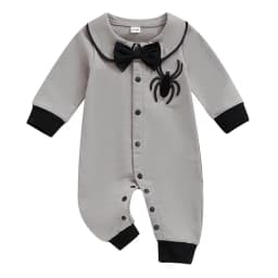 Baby Boy Halloween Romper Spider Embroidered Bow Tie Long Sleeve Lapel Neck Button-up Fall Jumpsuits Costume