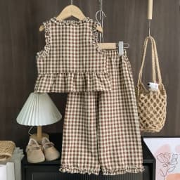 Korean Version 2-10 Year Old Girls and Teenagers Casual Suit with Checkered Lace Single Breasted Top and Pants Two-piece Set
