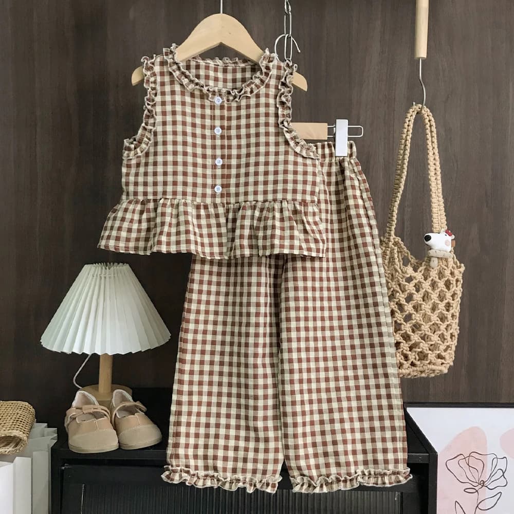 Korean Version 2-10 Year Old Girls and Teenagers Casual Suit with Checkered Lace Single Breasted Top and Pants Two-piece Set