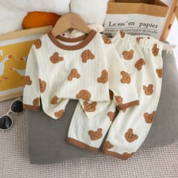 Cute Bear Print Baby Clothing Set Children Long Sleeve+ Pants Two Pieces Suit Kids Cotton Pullover Top Tee Girl Boy Casual