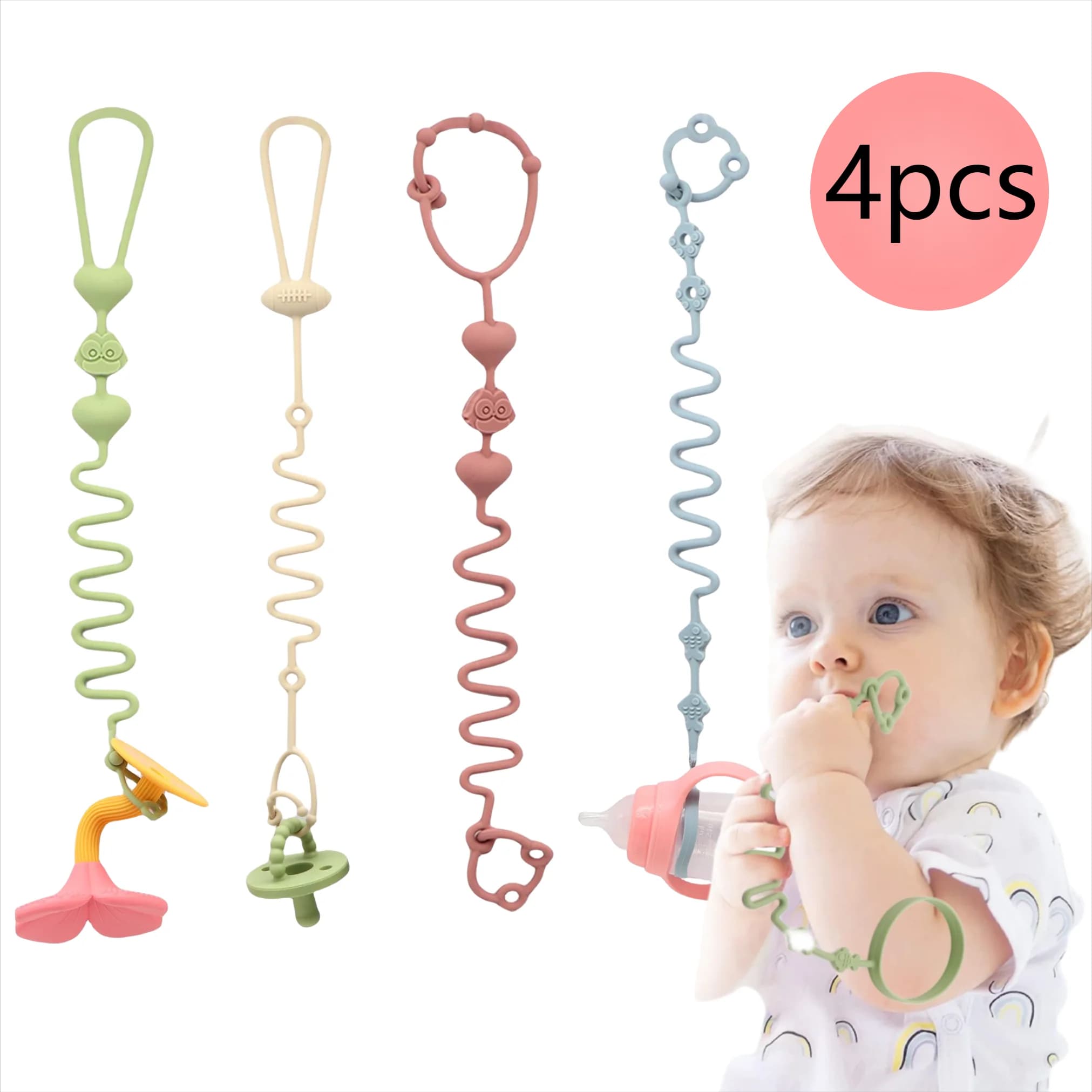 4pcs Adjustable Silicone Pacifier Chain, Teether Toys, Suitable for High Chair, Crib, Baby Gifts,beige