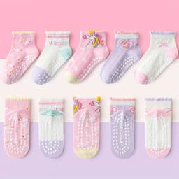 5 Pairs of Kidsren's Floor Socks with Lace Glue, Heart Unicorn Pattern, Boys and Girls, Baby Toddler Soft-Soled Shoes, Indoor Non-Slip Rainbow Pony Mid-Calf Socks, Suitable for Casual Daily Life