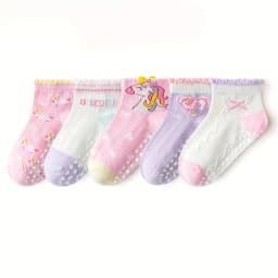 5 Pairs of Kidsren's Floor Socks with Lace Glue, Heart Unicorn Pattern, Boys and Girls, Baby Toddler Soft-Soled Shoes, Indoor Non-Slip Rainbow Pony Mid-Calf Socks, Suitable for Casual Daily Life