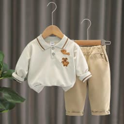 2PCS Baby Toddler Polo Neck Long-Sleeved Set Cartoon Embroidered Outfit Gift Set of Two Pieces Comfortable And Stylish
