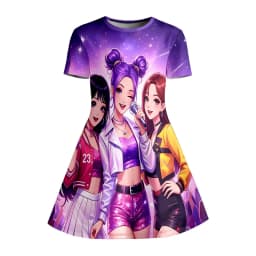 Girl K-Pop Star Group Printed Dress, Purple Galaxy Short Sleeved T-shirt Dress Suitable for Birthday Gifts and Parties