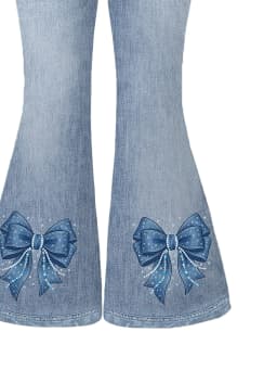 2-Piece Set for Girls: Faux-Denim Print Bow-Accented Short-Sleeve T-Shirt (Crew Neck) & Elastic-Waist Flared Pants – Simple, St