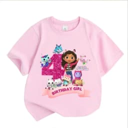 Gabbys Dollhouses Birthday Number T-shirt Girls White Pink Short Sleeve T-shirts Tops Cotton Summer Casual Party Supplies Tee