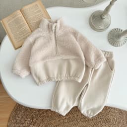 Autumn Winter Thermal Suit Baby Clothing Sets Boys Girls Lamb Fleece Color Blocked High Neck Top+Solid Pants