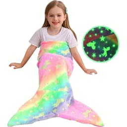Cartoon Rainbow Unicorn Mermaid Tail Blanket Super Soft Glow in The Dark Flannel Mermaid Tail Blanket Gifts for Girls