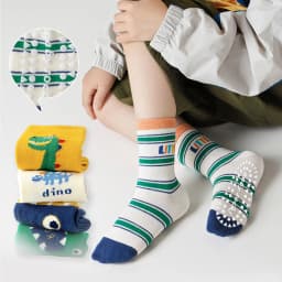 5 Pairs of Children's Floor Socks with Letter Stripes, Cartoon Big-Eyed Dinosaur Pattern, for Boys and Girls, Baby Toddler Soft-Soled Indoor Non-Slip Mid-Tube Socks, Suitable for Casual Daily Life