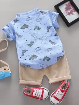 Infant Toddler Summer Dinosaur Print Short Sleeve Shirt And Shorts Set Fashionable Outdoor Standing Collar Top for Kids