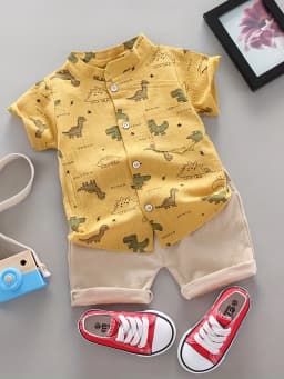 Infant Toddler Summer Dinosaur Print Short Sleeve Shirt And Shorts Set Fashionable Outdoor Standing Collar Top for Kids