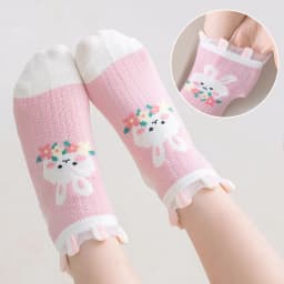 5 Pairs of Children's Socks with Color-Blocking Rabbit and Floral Patterns, Pink Trendy Versatile Lace Mid-Calf Socks for Girls, Suitable for Everyday Casual Life in All Seasons