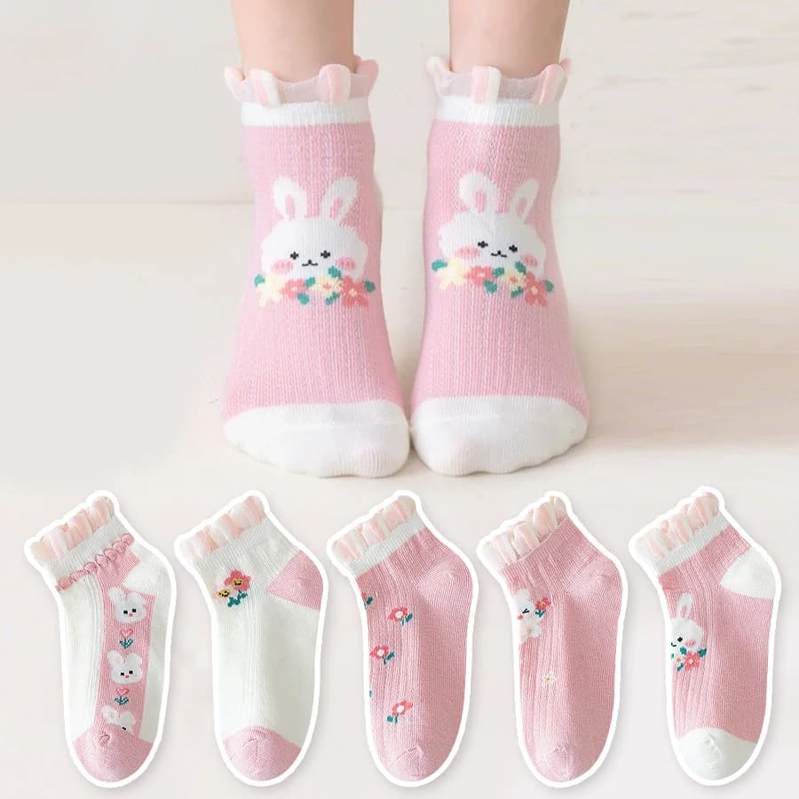 5 Pairs of Children's Socks with Color-Blocking Rabbit and Floral Patterns, Pink Trendy Versatile Lace Mid-Calf Socks for Girls, Suitable for Everyday Casual Life in All Seasons