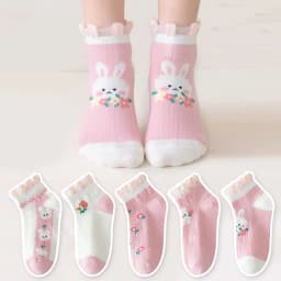 5 Pairs of Children's Socks with Color-Blocking Rabbit and Floral Patterns, Pink Trendy Versatile Lace Mid-Calf Socks for Girls, Suitable for Everyday Casual Life in All Seasons